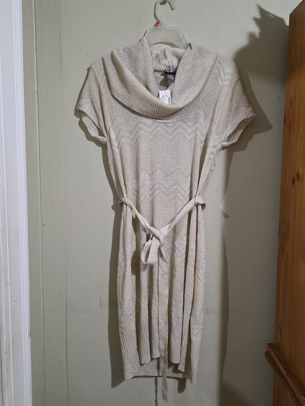 Dots Beige Cream Knit Cowl-Neck Belted Midi Dress New Size M